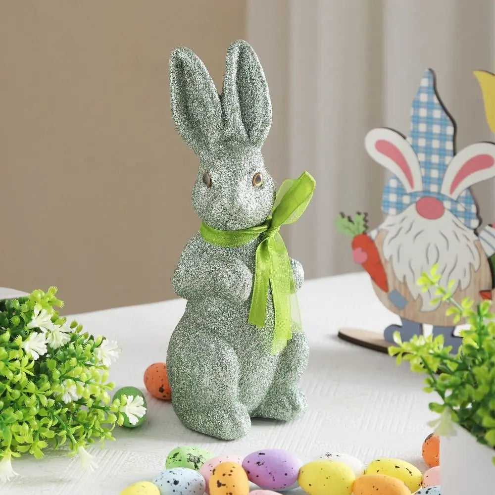 Creative Simulated Easter Bunny Figurine Cute Colorful Foam Rabbit Figures Decorative with Ribbon Glitter Bunny Figurine Garden Vue