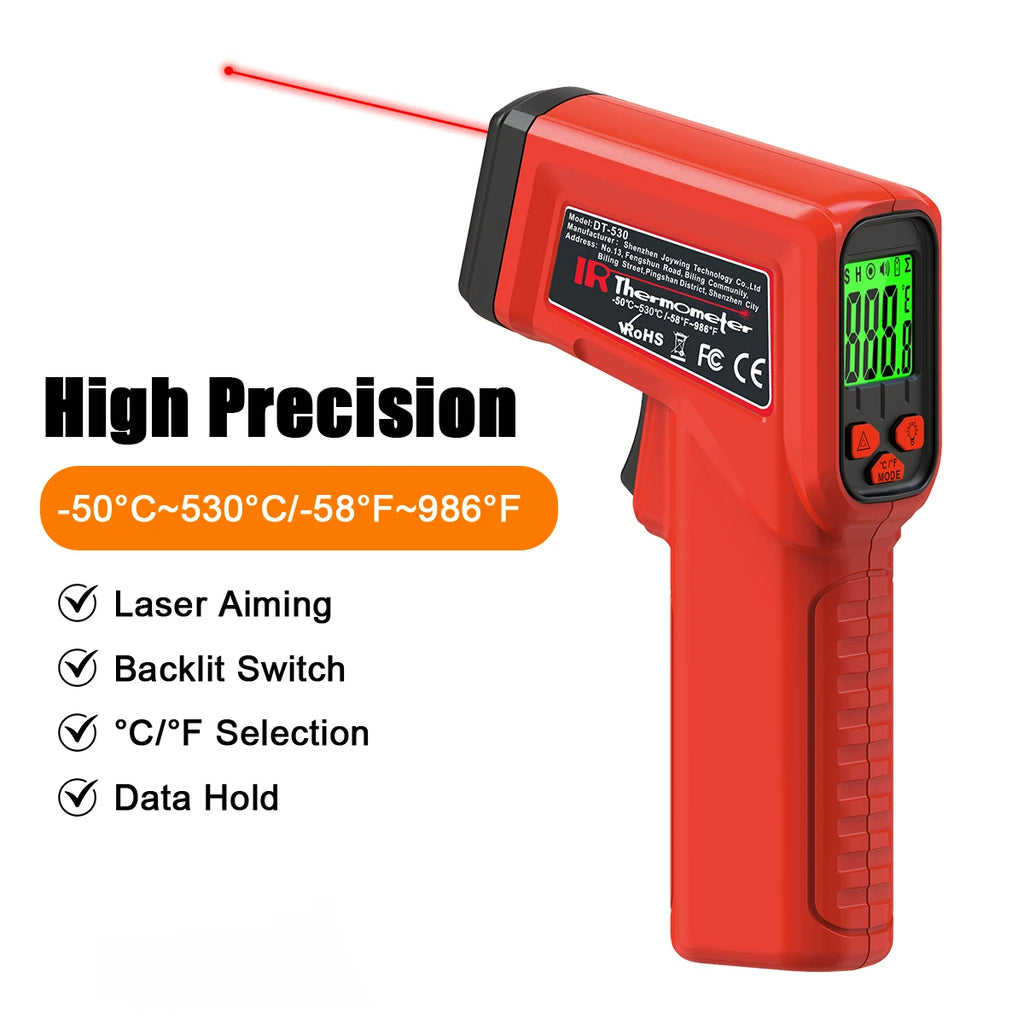 DT-530 Laser Temperature Gun -50°C to 530°C Adj Emissivity Backlit LCD Infrared Thermometer For Industrial/HVAC/Auto/Kitchen Vue DT-530-Red