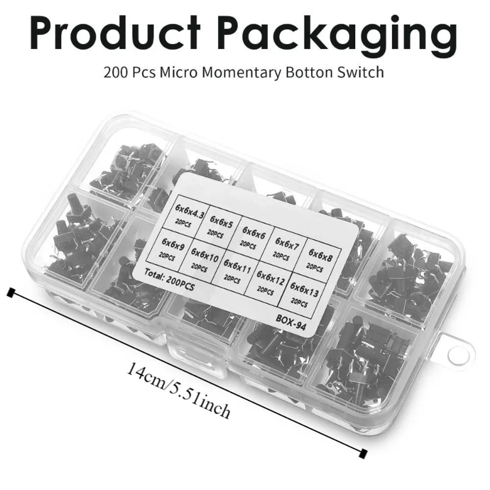 200pcs 6*6 Size Key Switch Kit Tactile 4 Feet Tact Push Button Switch PCB Mixed Touch Buttons Universal Switch Vue