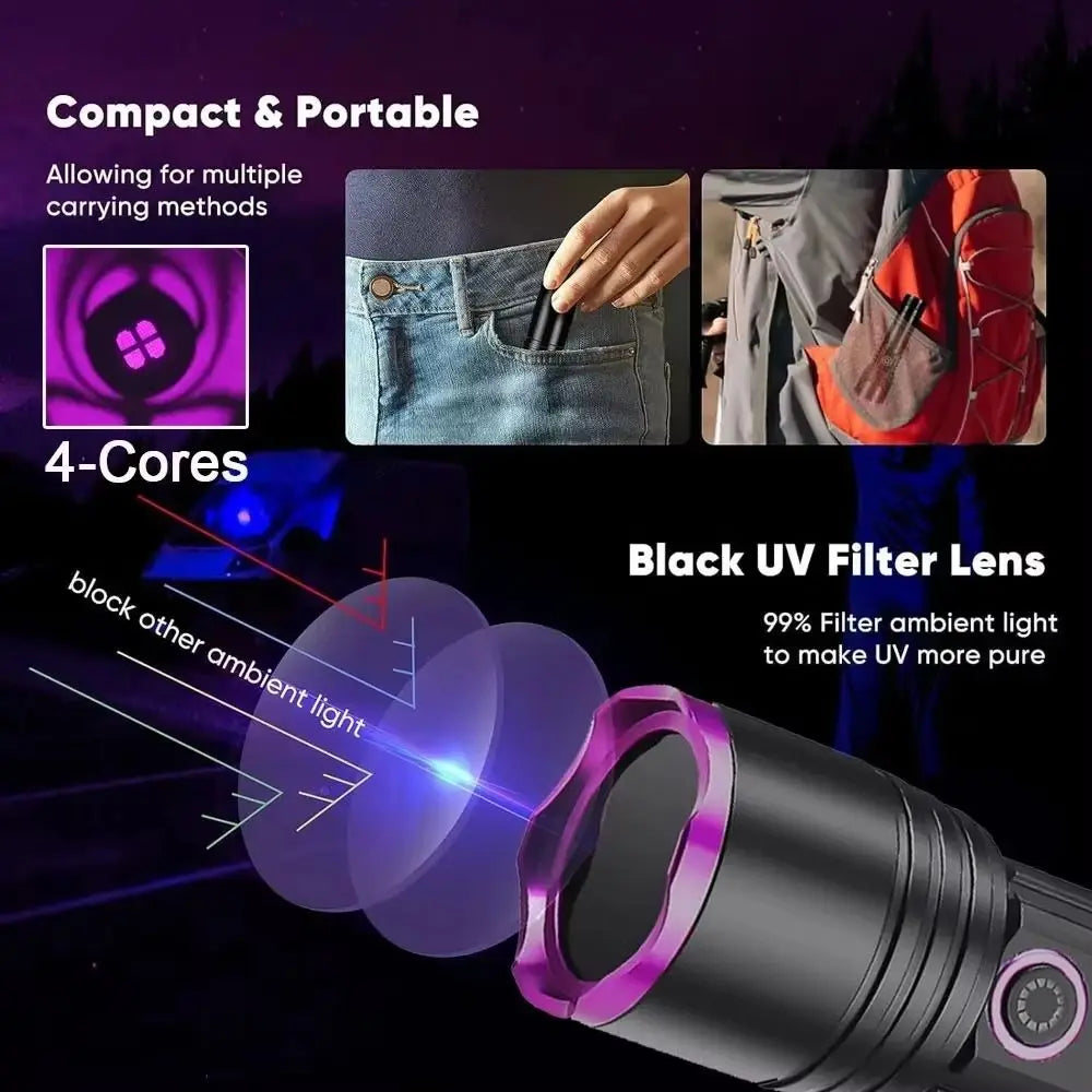 Longwave 365nm UV Flashlight Shortwave Portable Blacklight LED Flashlight Rechargeable ABS UV Flashlight Lamps Phosphor Detector Vue