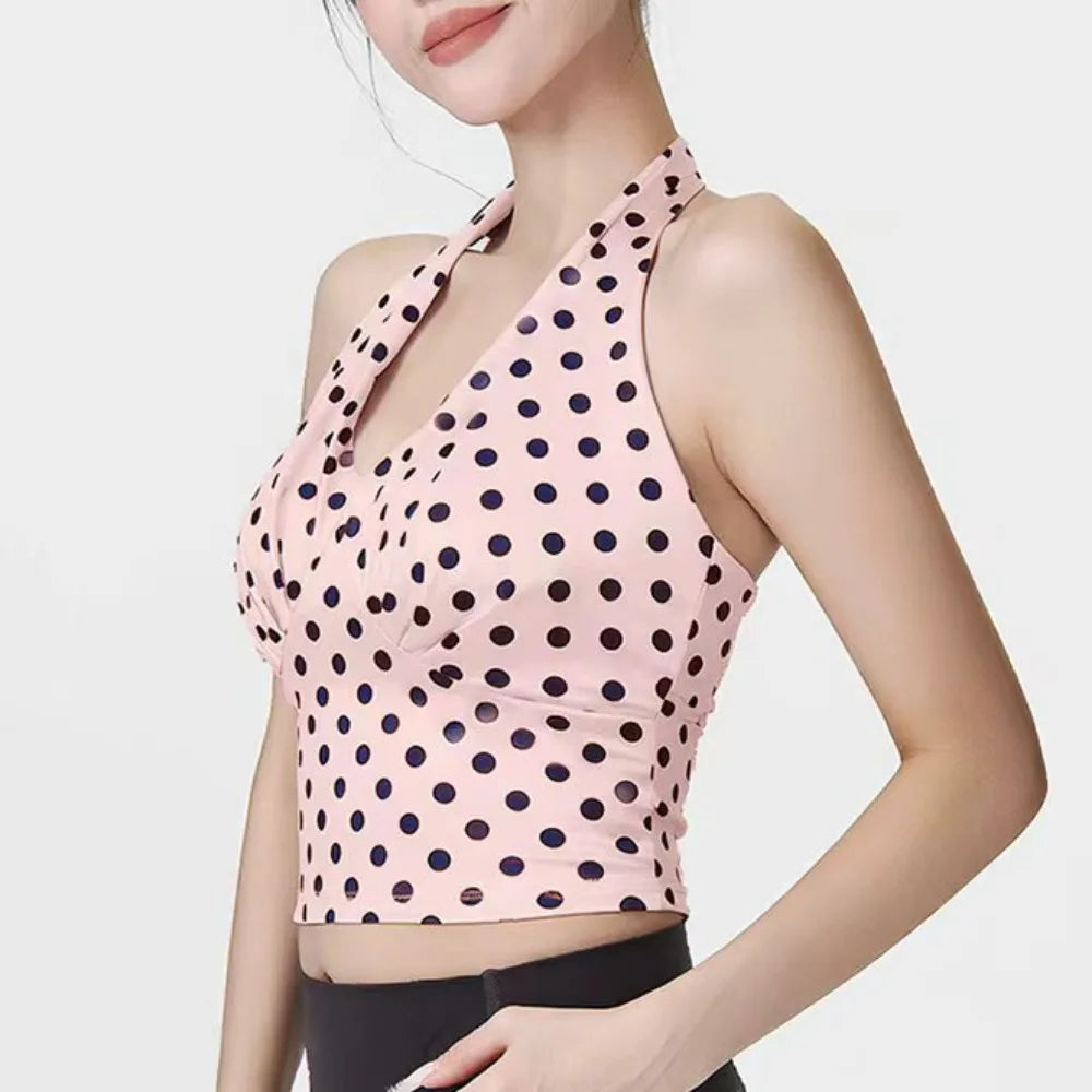 Y2K V-Neck Yoga Vest Backless Fixed Pad Sports Bra Breathable Slim Fit Push-Up Tank Top Daily Street Vue Pink-L