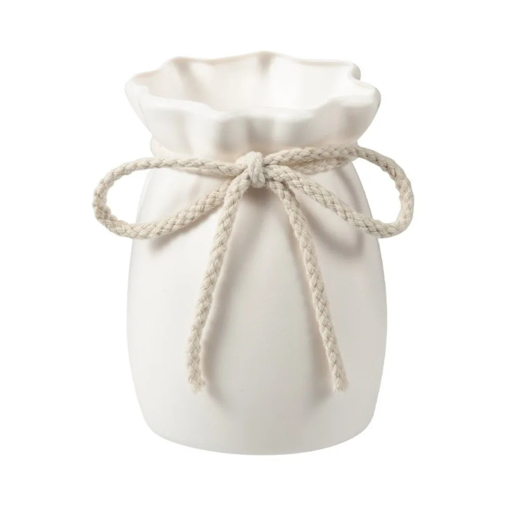 Floral Arrangement Plastic Vase Modern Art Nordic Bow Design Flowerpot Decorative Bohemian Style Tabletop Decor Office Desk Vue White-L 24.5cm