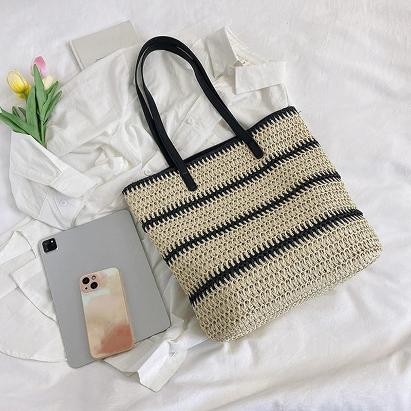 Designer Striped Straw Shoulder Bag Female Fashion Large Capacity