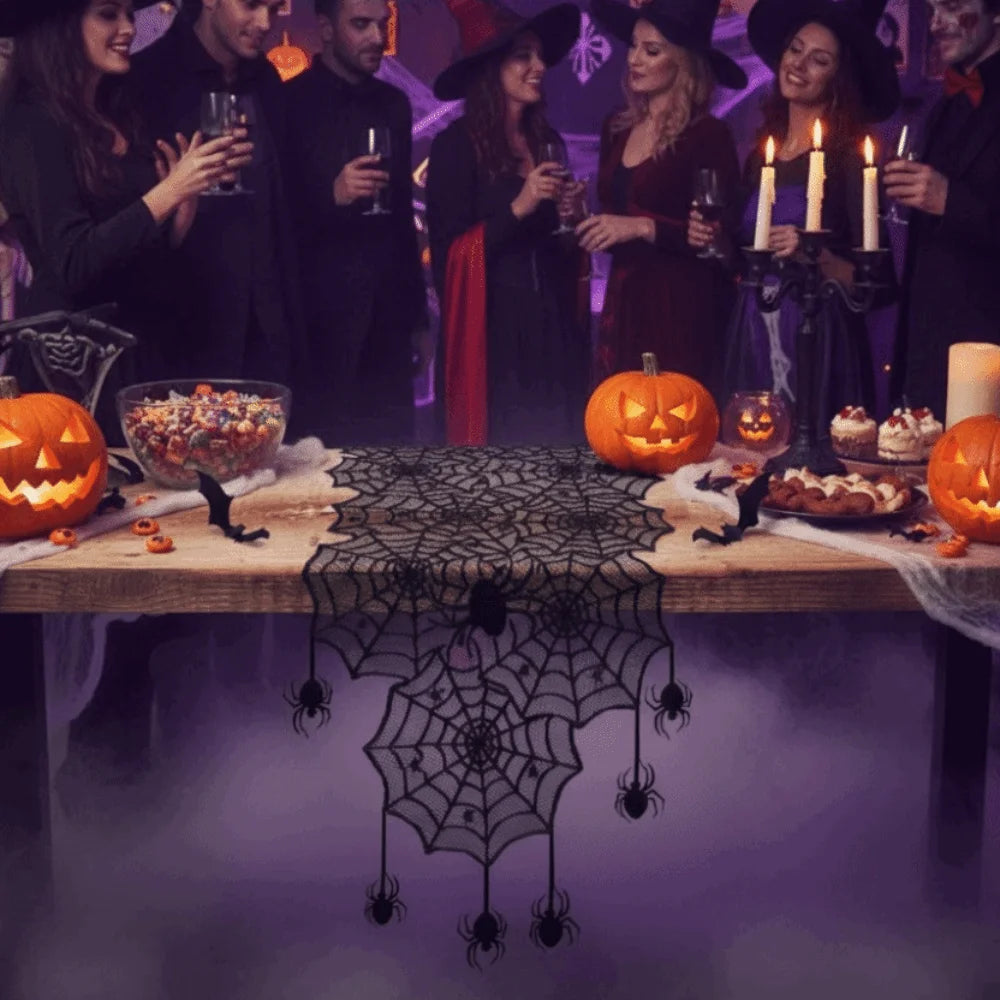 Translucent Spider Web Black Lace Table Runner with Spider Pendant Long Strip Halloween Table Cover Mesh Gothic Lace Tablecloth Vue