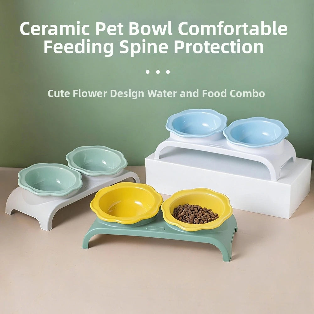 Non-Slip Ceramic Cat Double Bowls Flower Shaped Detachable Pet Food Feeder Protect Cervical Spine Anti-Flip Vue