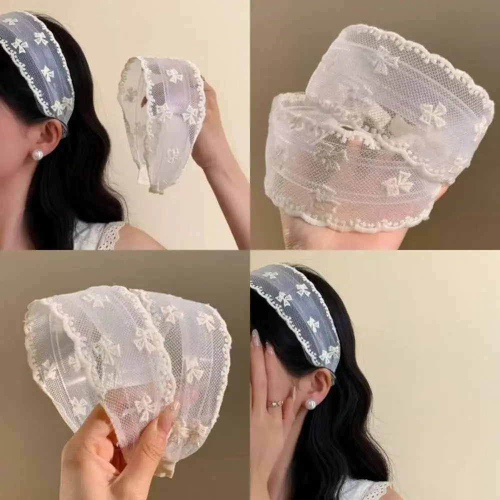 Elegant Lace Headband Mesh Wide Band Bohemian Headwrap Solid White Vue