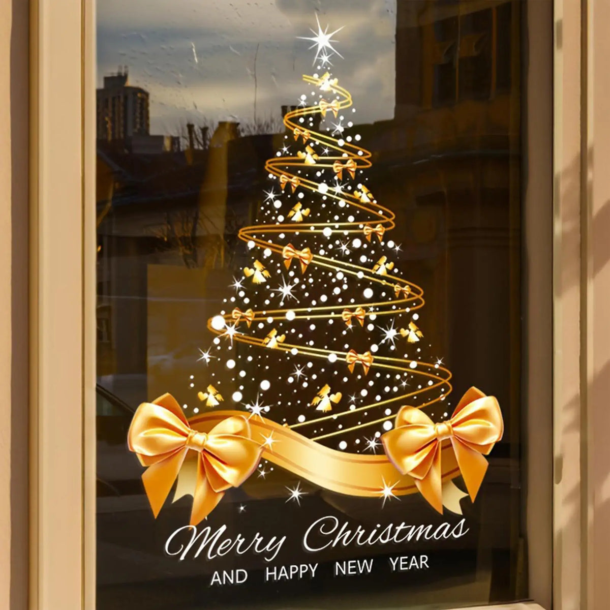 65x45cm Gold Christmas Tree Window Decals - Double-Sided Self-Adhesive Wall Mural Stickers for Holiday Home Office Decor Vue