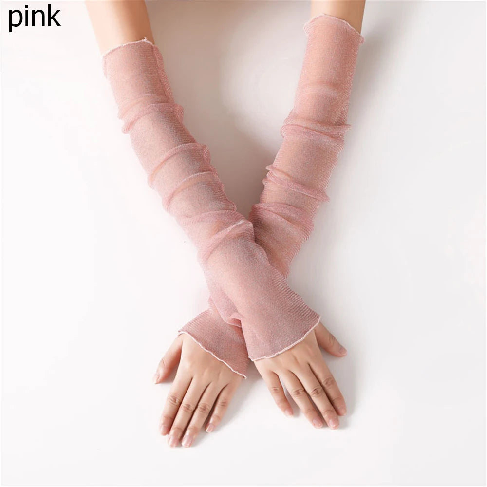 Women's Summer Sun Protection Sleeves Mesh Lace UV Thin Long-sleeved Vue pink