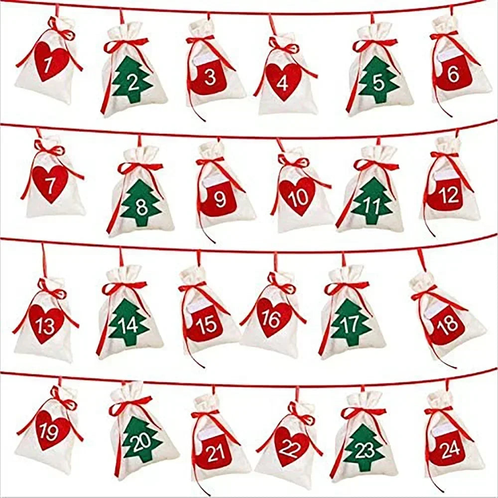 24PCS Festive Drawstring Pouch Christmas Party Favor Bag with Number Tags Felt Advent Calendar Countdown Decoration Vue 24PCS-1Bag