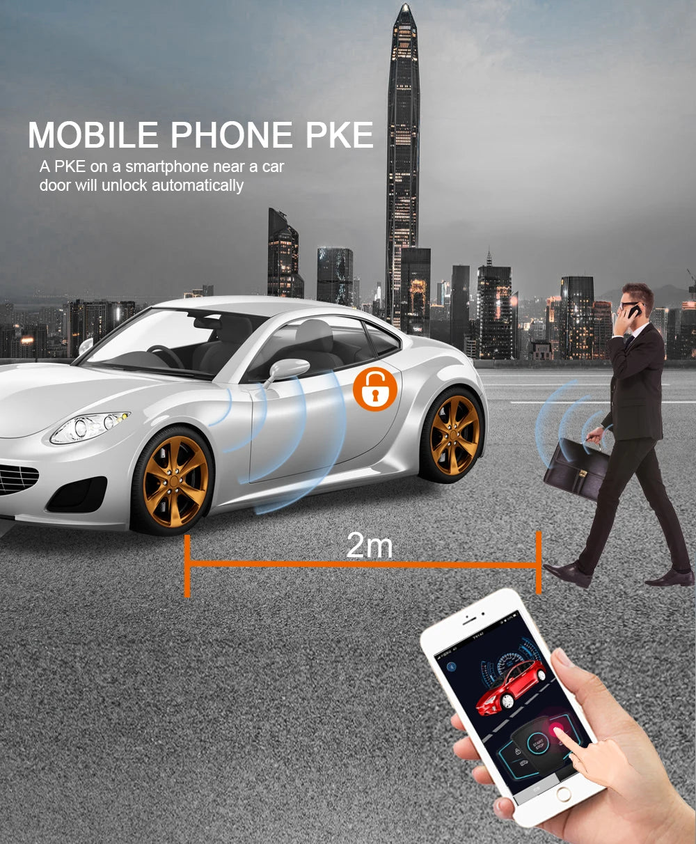 PKE Smart Key Car Alarm System 686W with Remote Central Locking Start Stop Push Button Passive Keyless Entry Vue