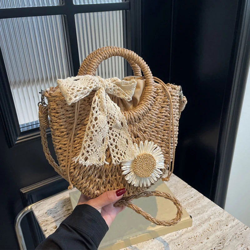 Handwoven Straw Rattan Half-moon Beach Handbag Small Women Summer