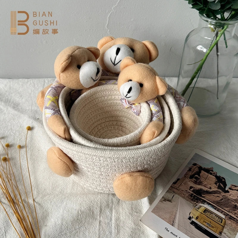 Cute Cartoon Bear And Bunny Cotton Rope Storage Basket For Hair Clips Jewelry And Sundries Table Decor For Kids Girls Easter Vue