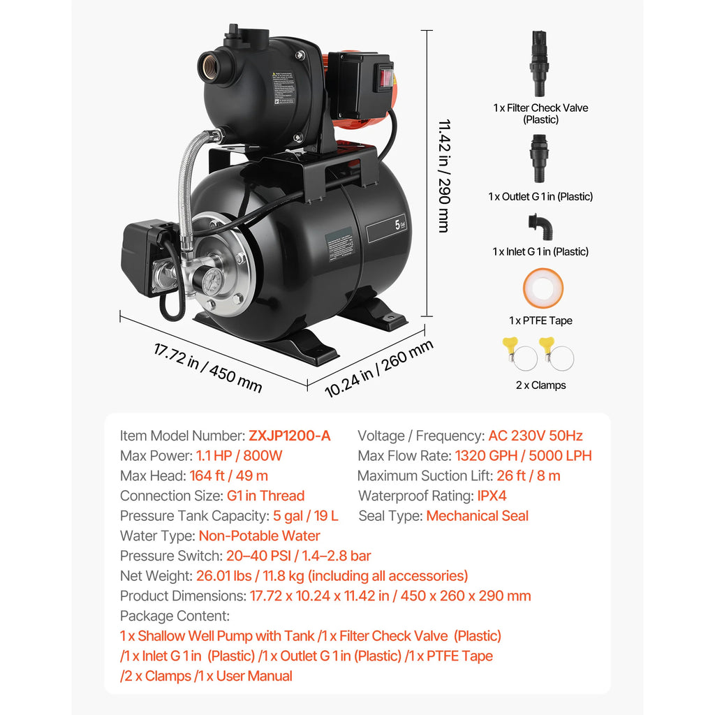 1.1 HP Shallow Well Pump with 5-Gal Pressure Tank – 1320 GPH Shallow Well Pump Vue United States 1.1HP