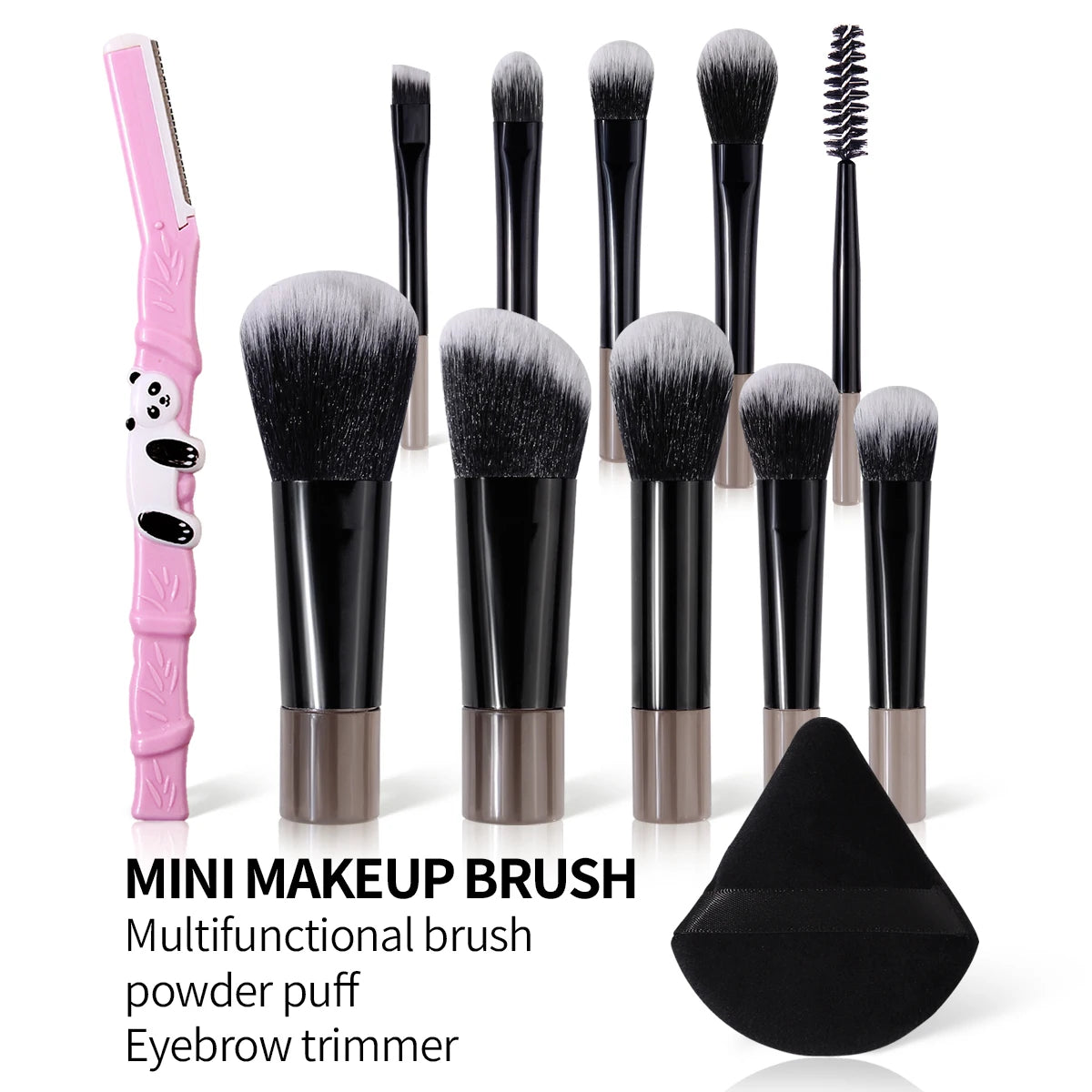 Hot Sale 10PCS Mini Travel Makeup Brush Set, Multi-Function Face Eye Brushes with Triangle Makeup Puff & Pink Bamboo Decor Eyebr Vue black