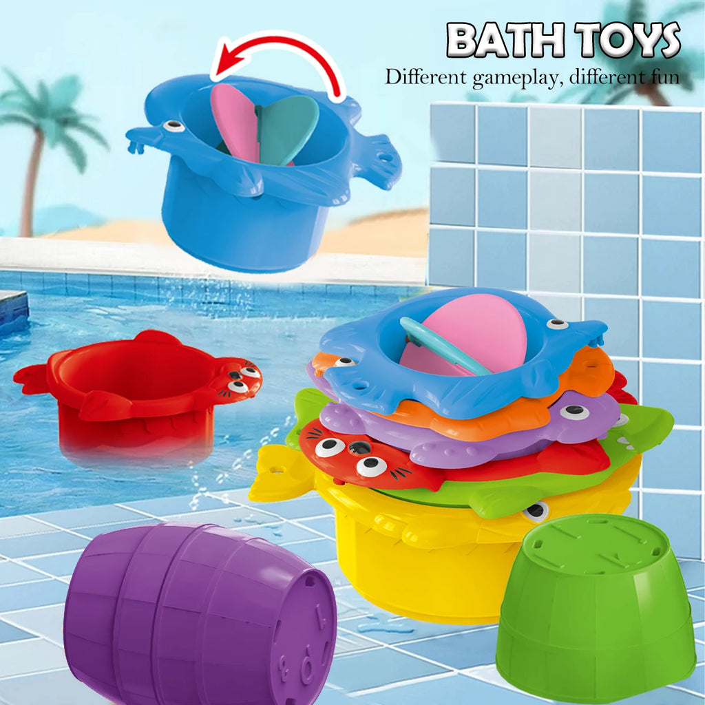 Toddler Stacking Bath Toys, Random Colors Cups Basket Summer Water Bathroom Beach Game Gifts for Boys and Girls Some Part Random Vue