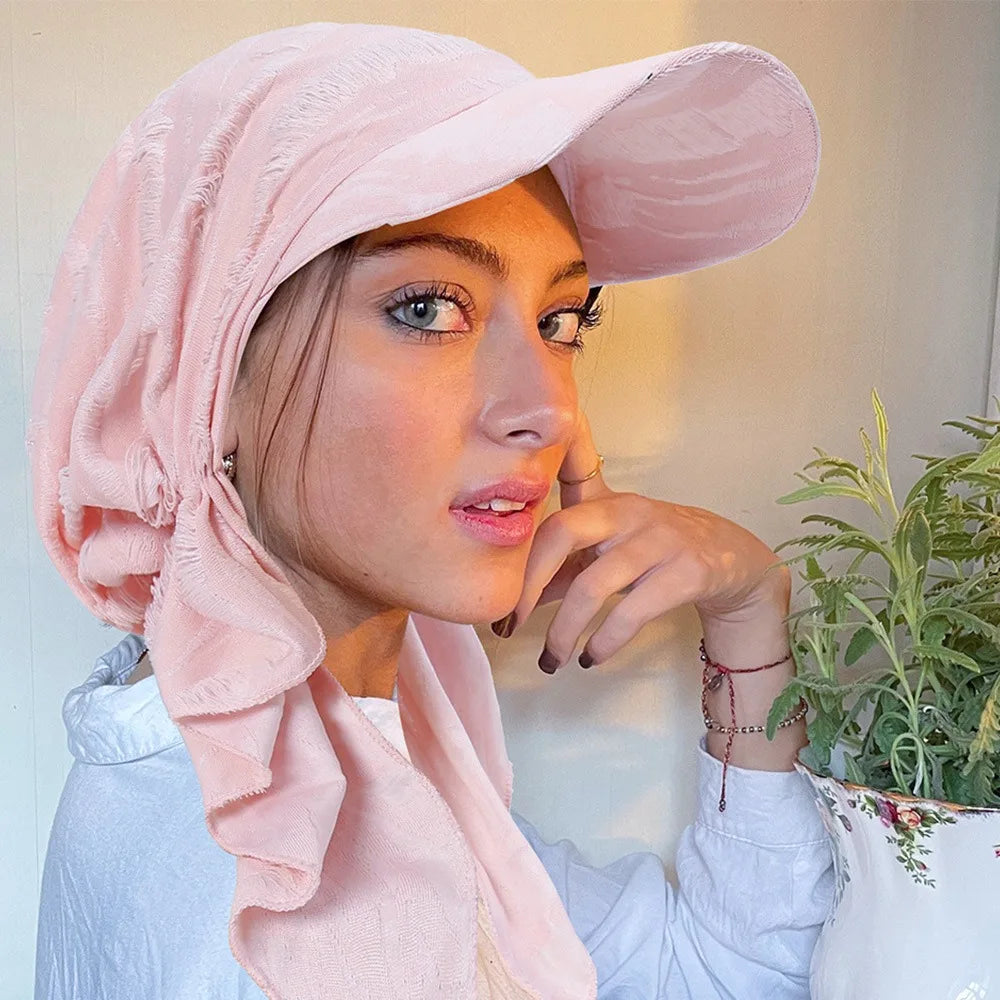 Solid Turban Hat Curved Brim Stretch Fabric Pre-tied Headscarf
