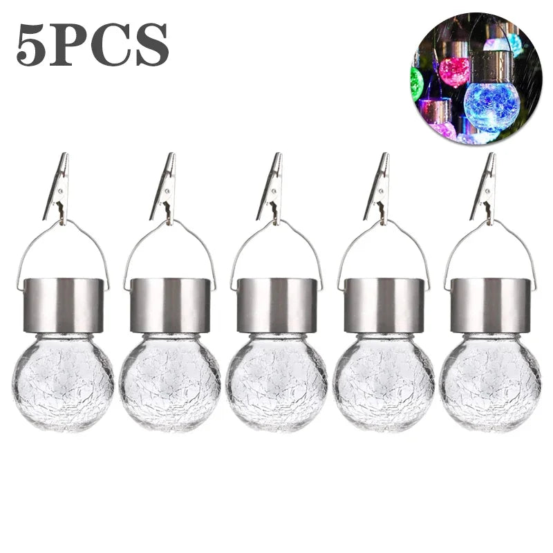 1/3/5PCS Solar Powered Outdoor Hanging Lights Colorful LED Cracked Glass Ball Design Waterproof Pathway Lantern for Garden Decor Vue Multicolor-5PCS