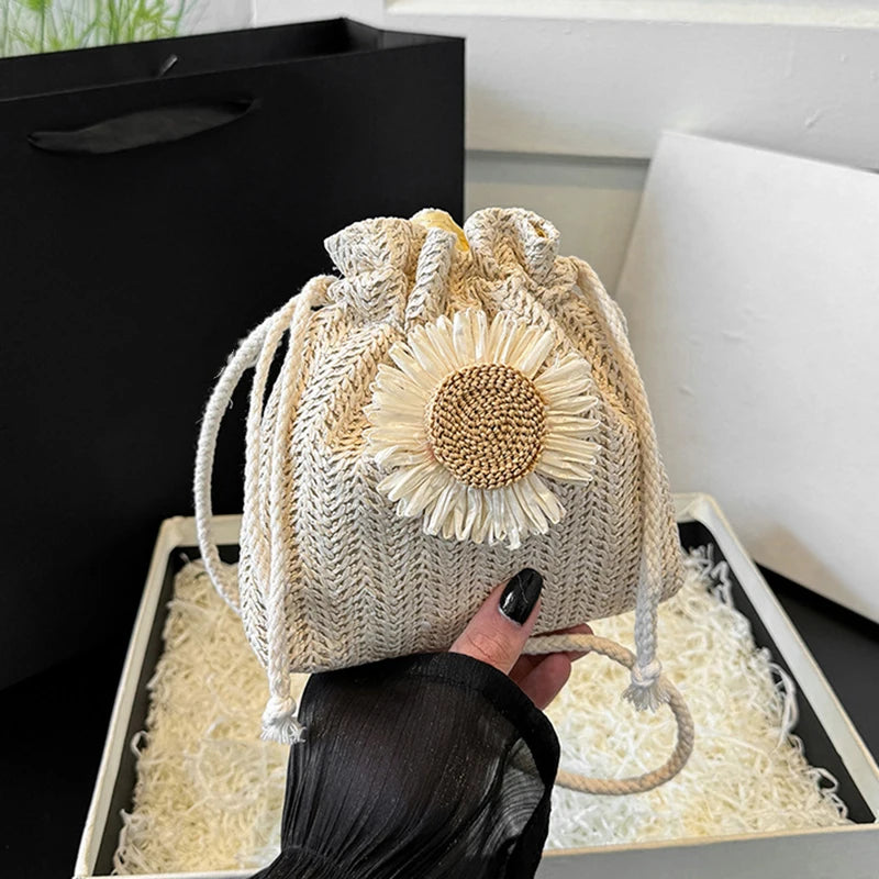 Rattan Woven Women Straw Bag Handbag Knit Flower Summer Beach