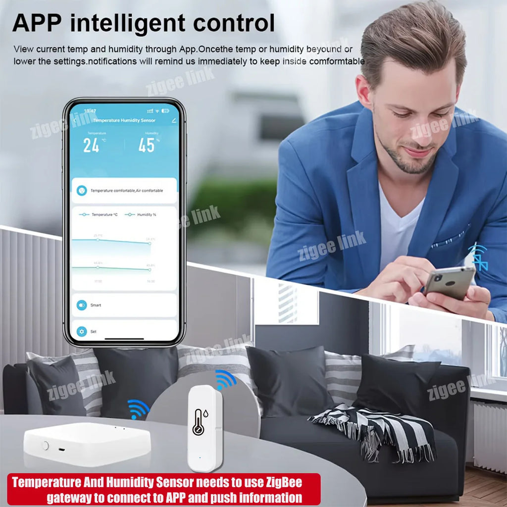 Zigbee3.0 Temperature Humidity Sensor Digital Thermo Hygrometer Indoor Monitor APP Remote Notification Smart Home Device Vue