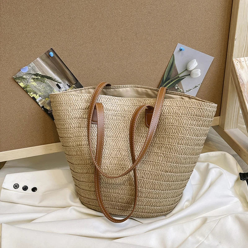 Women Braided Basket Clutches Top-handle Bag Large Straw Portable Vue khaki