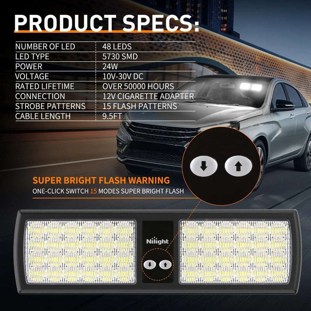 Nilight 48 LED Visor Strobe Light, Interior Windshield Emergency Warning Flashing Light, Hazard Safety Light for Law Enforcement, Firefighters, Tow Truck, Utility Vehicle Vue