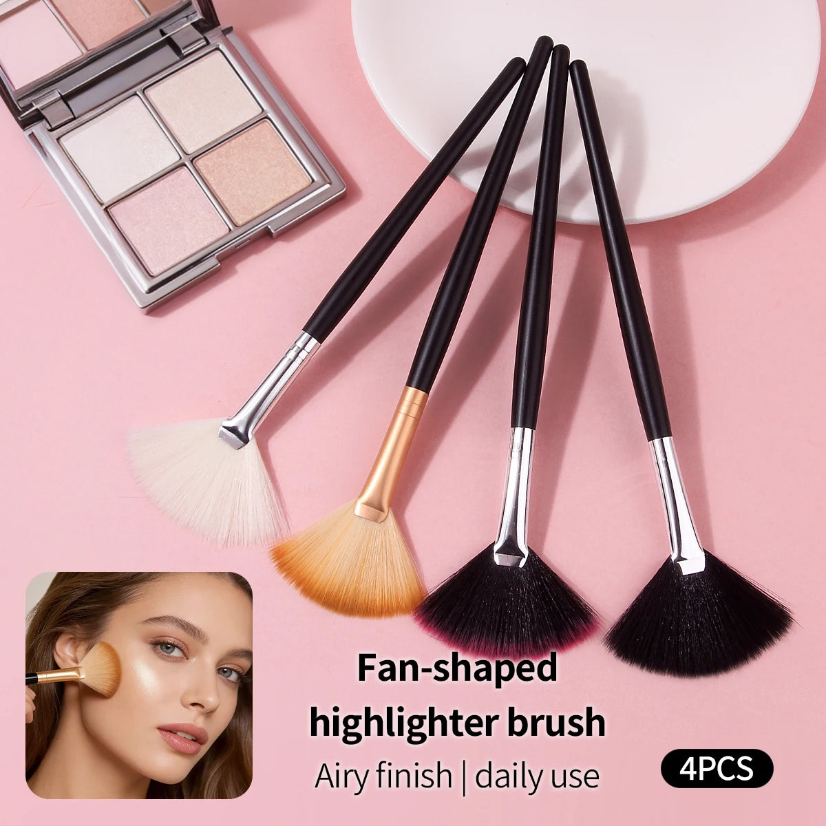 1/4Pcs Fan Brushes for Makeup Soft Synthetic Hair Highlighter Contour Brush Professional Cosmetic Tools for Airy Finish Daily Us Vue