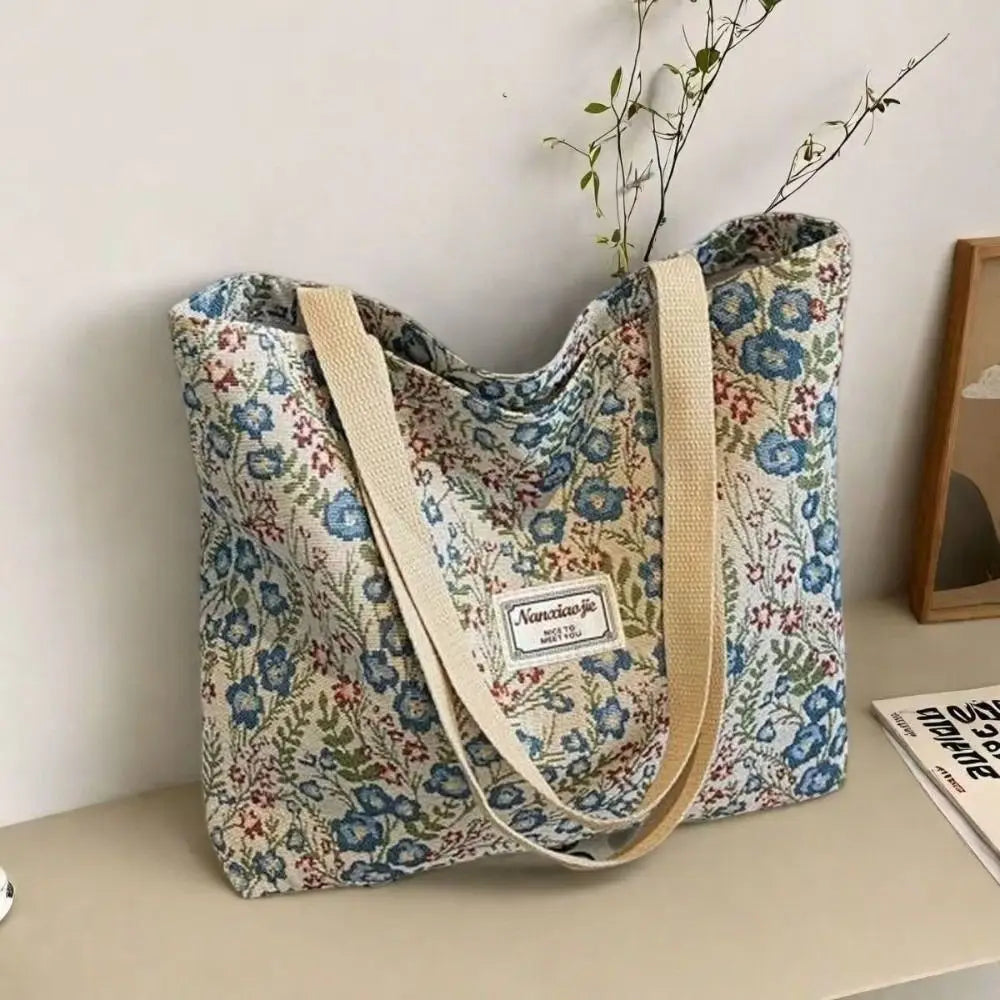 Portable Floral Canvas Tote Bag Reusable Large Capacity Commute