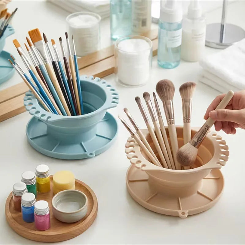 Silicone Brush Cleaning Bowl with Hanging Hole Collapsible Scrub Washing Tray Drying Holder for Beauty Blender & Makeup Brushes Vue
