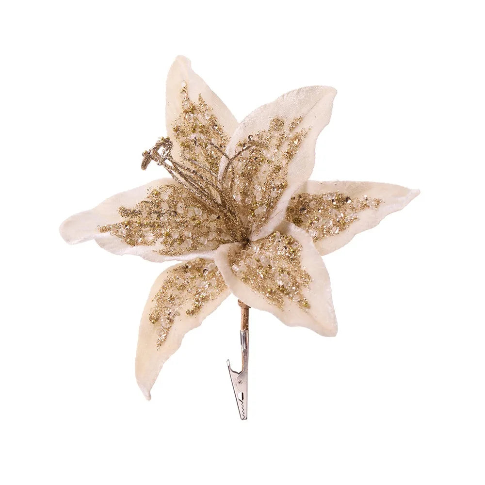 20 cm Artificial Christmas Flower Glitter Large Christmas Poinsettia Handmade Velvet Simulation Flower Home Decoration Vue Cream