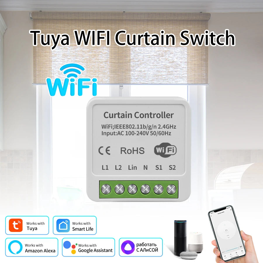 Tuya Smart Wifi Curtain Switch Module Automatic for Roller Blinds Shades Rolling Garage Door Projector Alexa Google AC 100-240V Vue