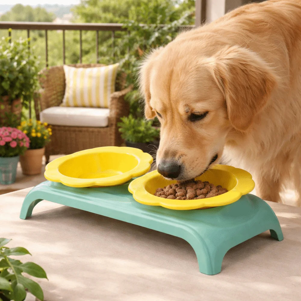 Non-Slip Ceramic Cat Double Bowls Flower Shaped Detachable Pet Food Feeder Protect Cervical Spine Anti-Flip Vue