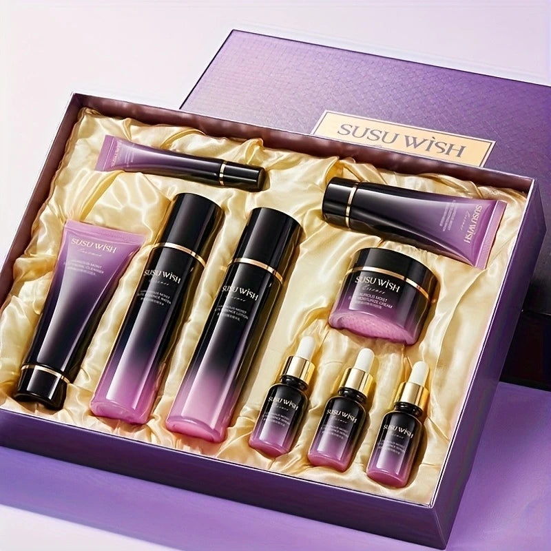 Luxurious and Elegant Nine-Piece Moisturizing Essence Set, Including Cleansing Milk, Essence Water, Essence Lotion, Essence Serum, Moisturizing Cream, Eye Cream, Sleeping Mask, Containing Niacinamide, Centella Asiatica Extrac Vue
