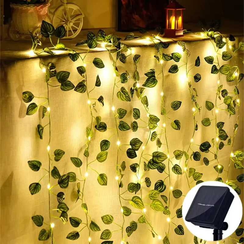 Solar Artificial Leaf Led String Flower Lights Garland Christmas Decoration Outdoor Room Curtain Lamp Wedding Party Garden Decor Vue