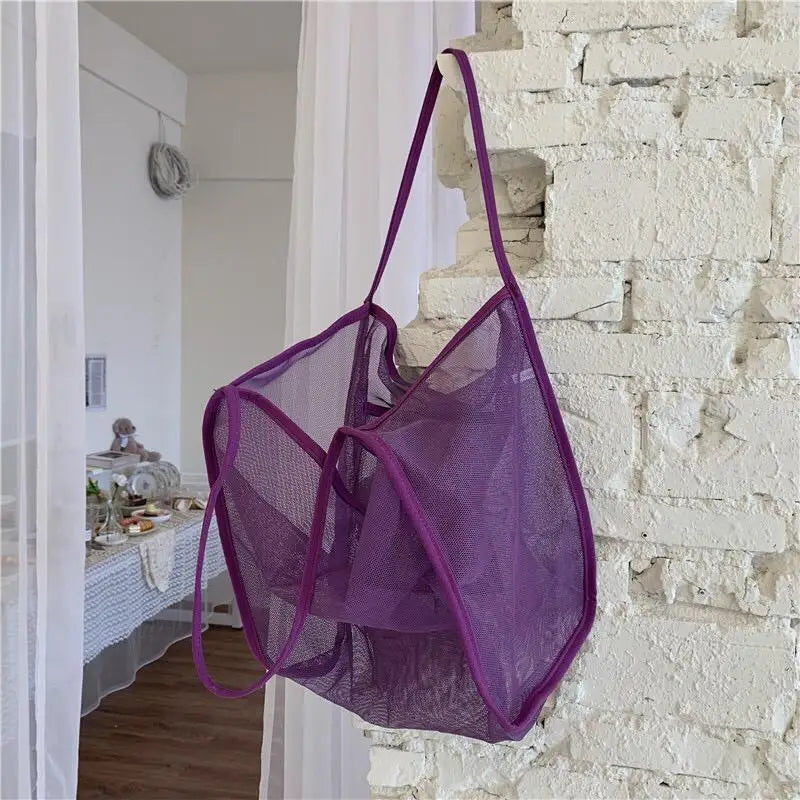 Fashion Mesh Hollow Out Handbag Design Beach Travel Package For Women Shoulder Bag Large Capacity Female Summer Shopping Totes Vue purple