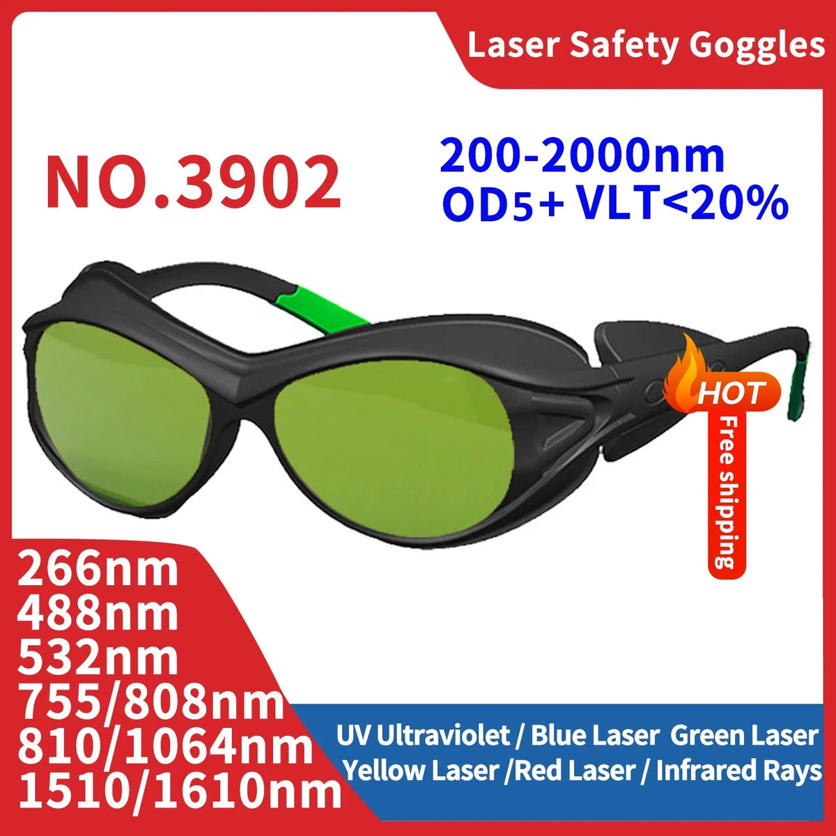Laser Goggles All Wavelength 200-2000nm Safety Glasses for Dental Hair Removal Radiation Protection Protective Industrial IR IPL Vue 39-02
