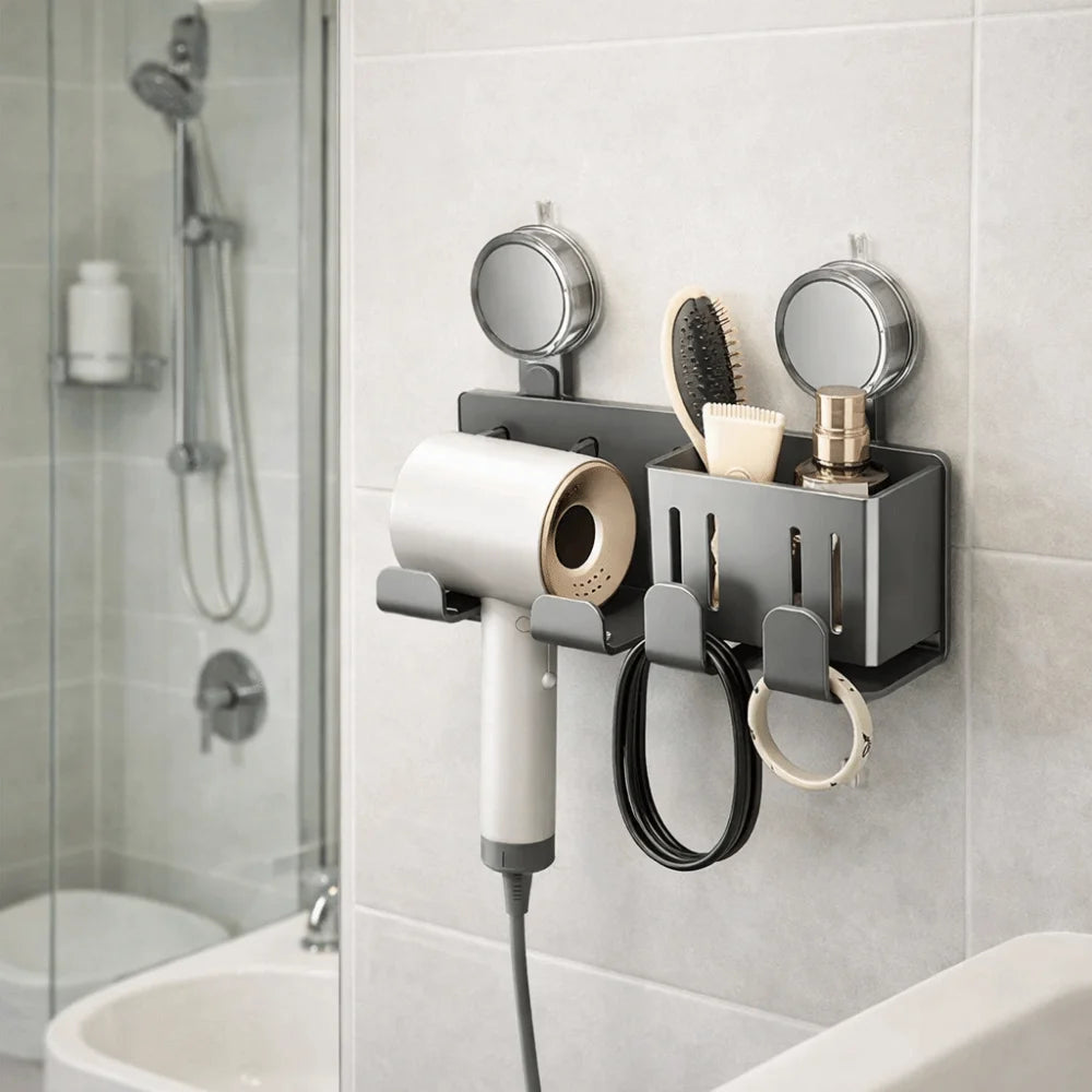 Carbon Steel Suction Cup Hair Dryer Holder No-Drill Wall Mounted Hair Dryer Storage Rack Removable Space Saving Vue