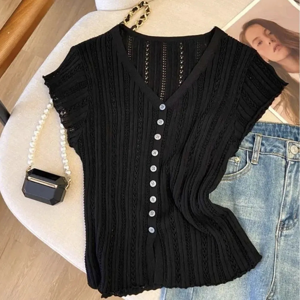 Fashion Solid Ice Silk Knitted Cardigan V-neck Hollow Short Sleeves Vue Black One Size
