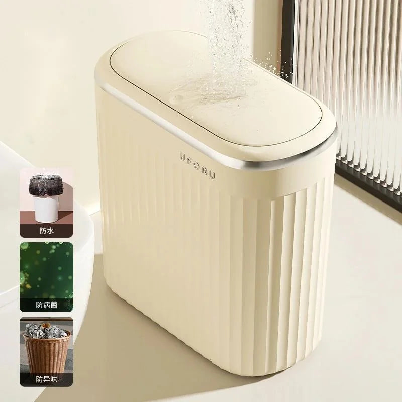 Large Trash Can With Push Lid Premium Capacity Odor Sealing For Bathroom Toilet Narrow Gap Home Use For Families And Guests Vue