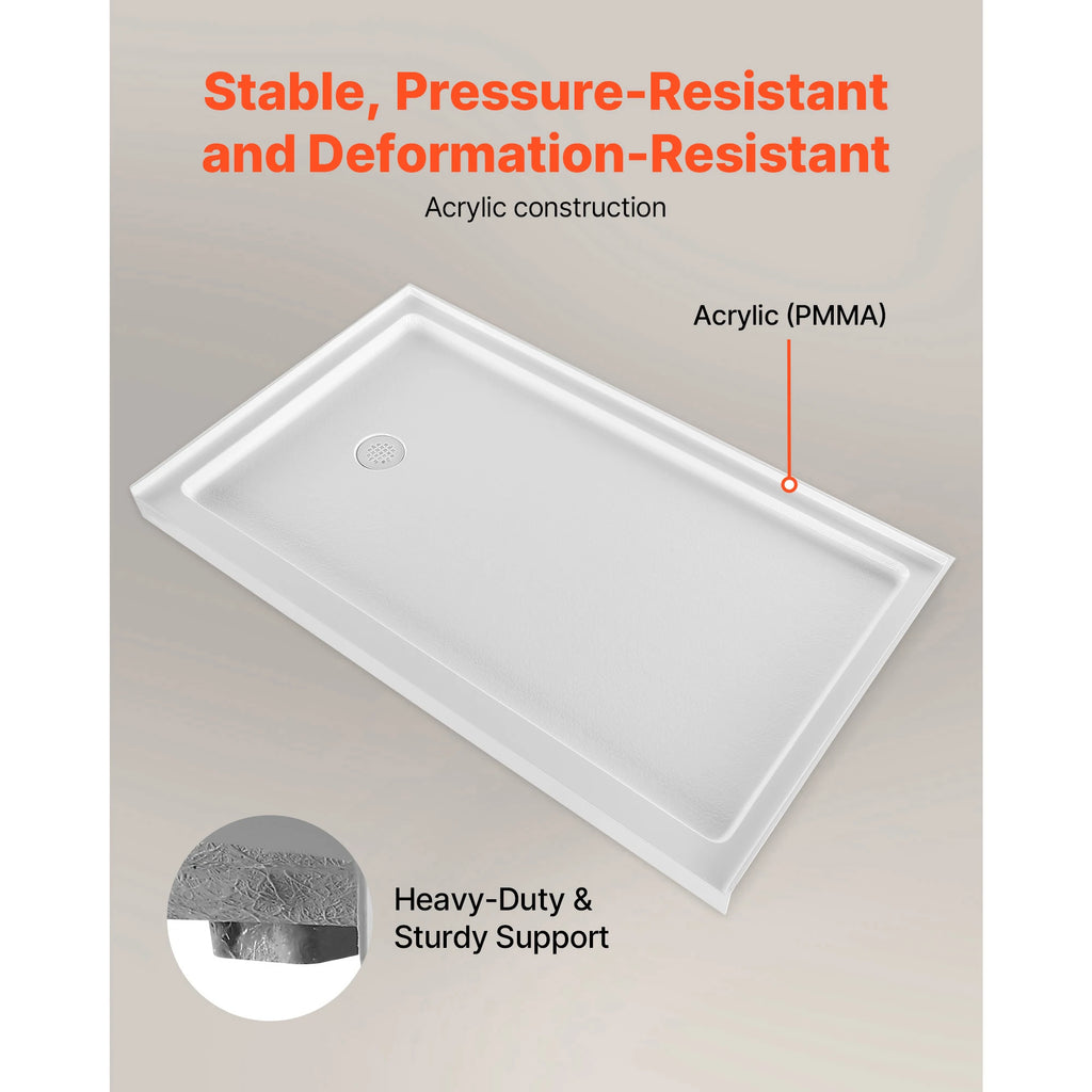 60"x36" Acrylic Shower Base Left Drain | Single Threshold White Acrylic Shower Base Vue
