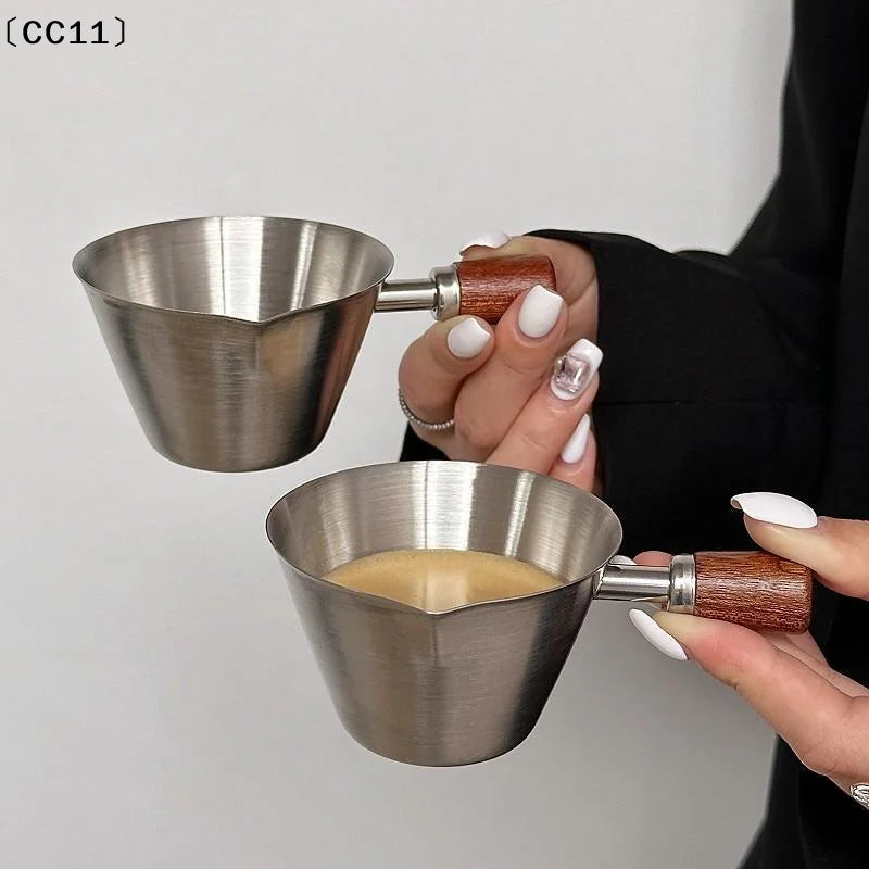 Stainless Steel Measuring Cup Wooden Handle Coffee Milk Pitcher Scale