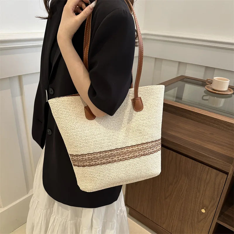 Women's Large Capacity Shoulder Bag Summer Straw Woven Basket Handbag
