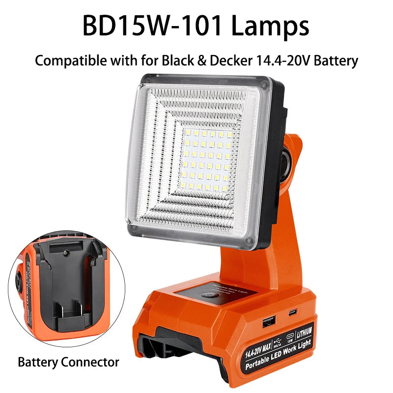 Portable LED Work Light Rechargeable Camping Light for Black&Decker 20V Batteries with Quick Charge Port for Indoor Outdoor Use Vue For Black Decker
