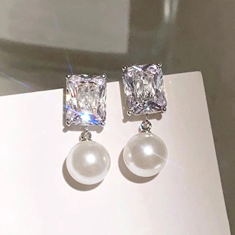 Huitan Pearl & Cubic Zirconia Drop Earrings for Women Pearl Drop Earrings Vue