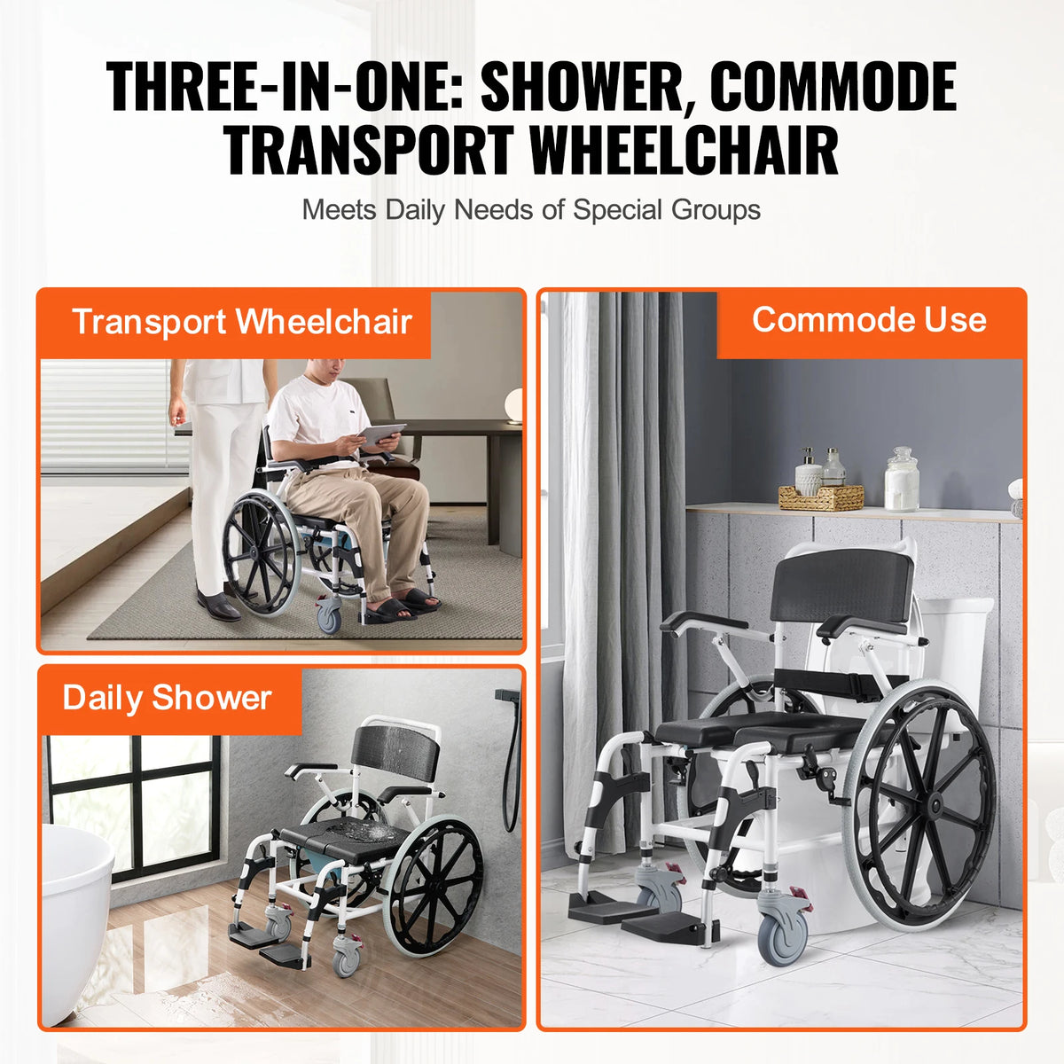 Rolling Shower Wheelchair 17.5" Adjustable Commode Chair 300 lbs Shower Wheelchair Vue
