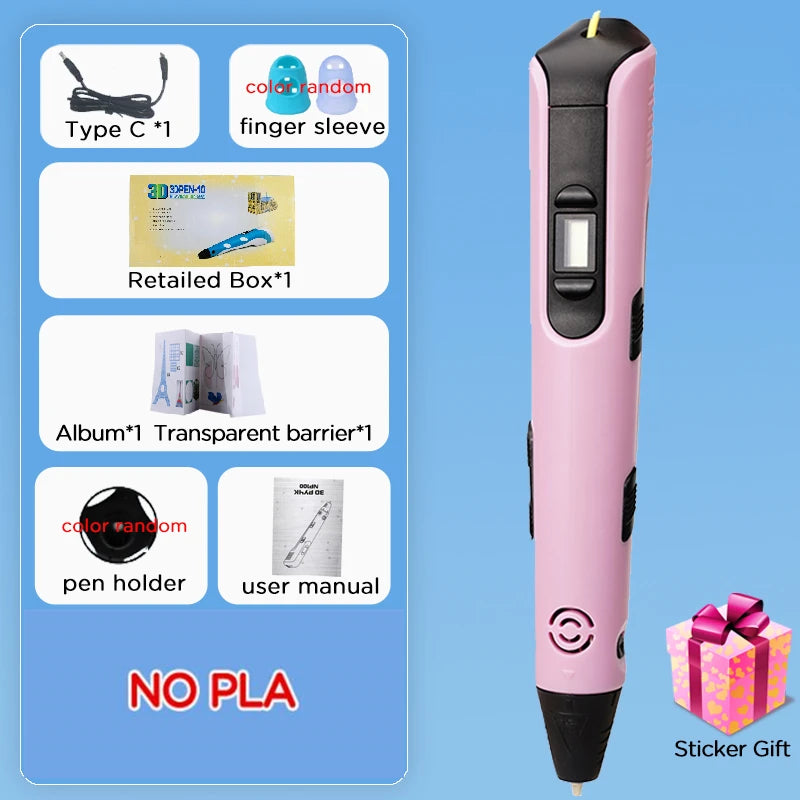 New 3D Printing Pen LCD Display Screen 1.75mm ABS / PLA Filament Kids DIY Drawing Pen Boy and Girls Christmas Birthday Gifts Vue Pink No PLA