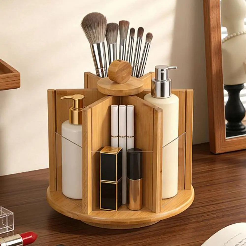Bamboo Rotating Cosmetic Storage Box Multi-Compartment Space Saving Facial Care Storage Rack Large Capacity Makeup Organizer Vue
