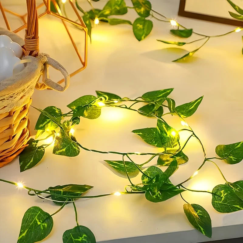 Lifelike Pothos Leaf LED Vine String Lights, Realistic Green Plant Fairy Lights for Shelf Wall Bedroom Home Decoration Vue