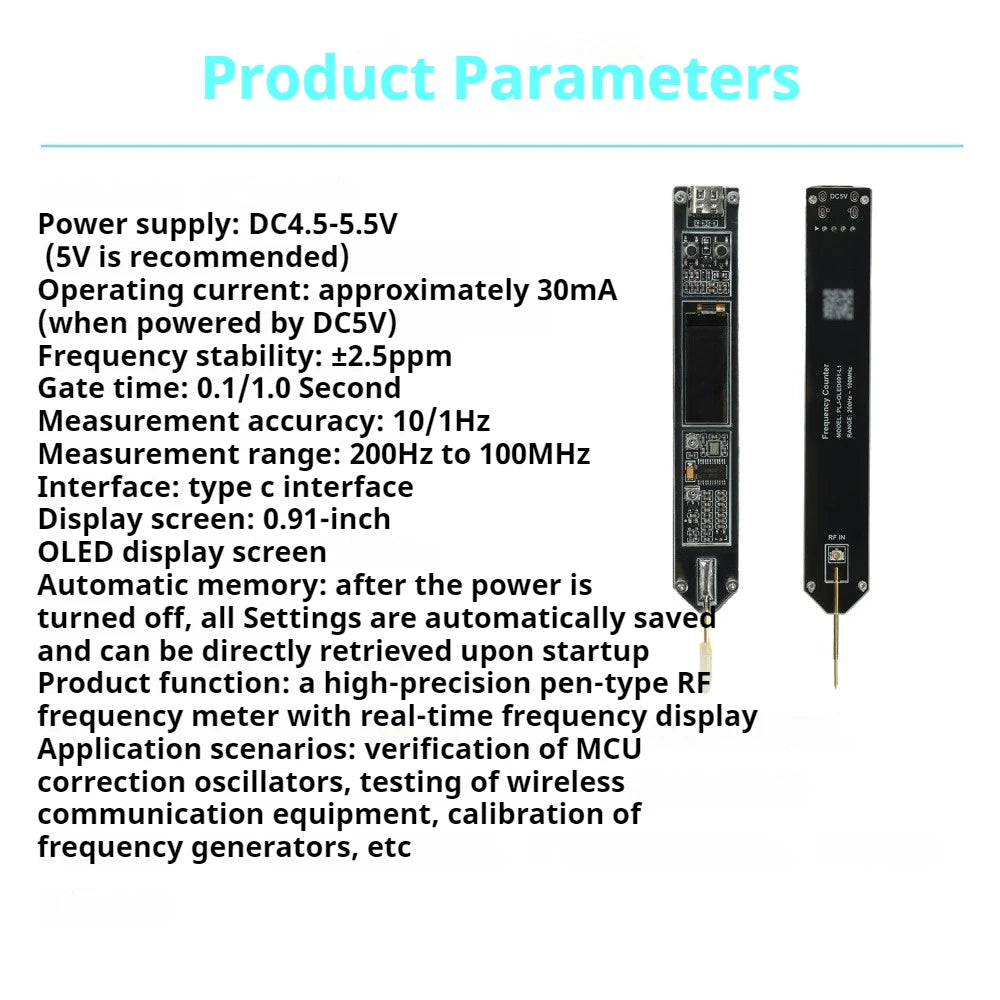 200Hz-100MHz Frequency Meter Pen 0.91 Inch OLED Display High-Precision Frequency Counter for RF Measurement Radio Transceiver Vue
