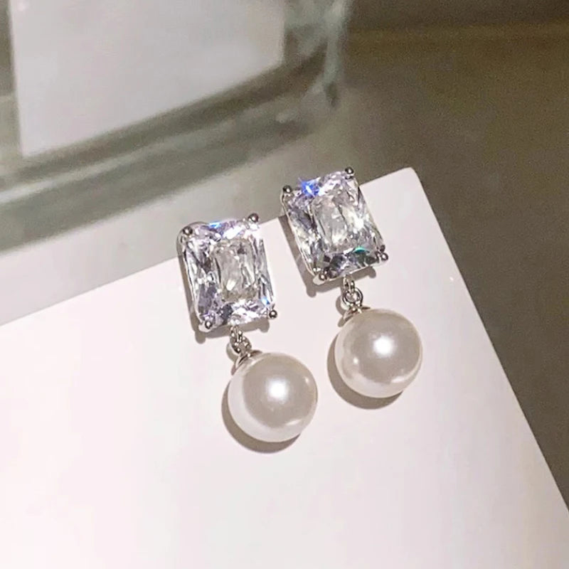 Huitan Pearl & Cubic Zirconia Drop Earrings for Women Pearl Drop Earrings Vue