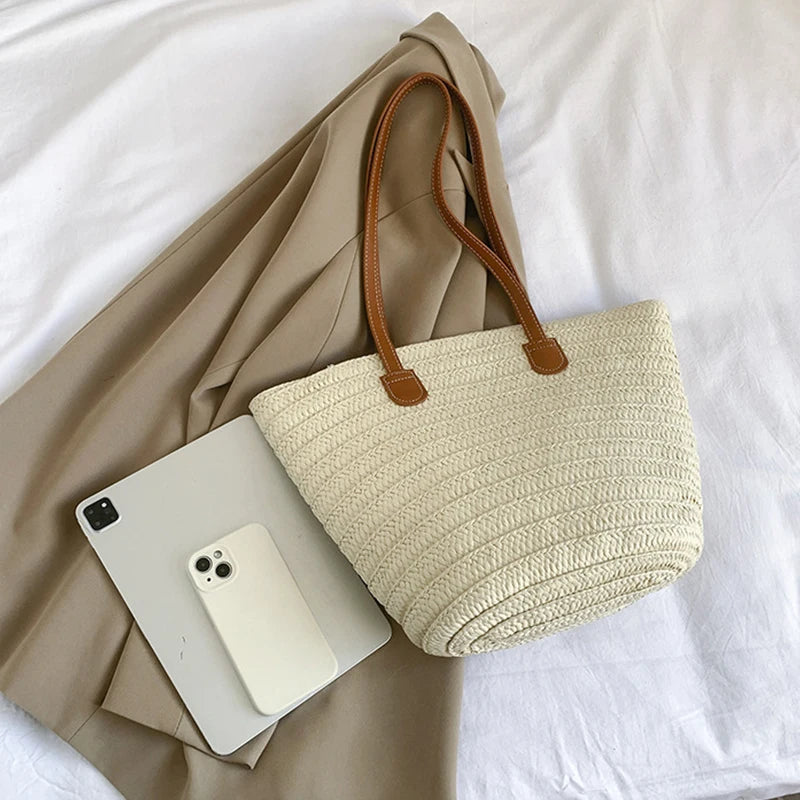 Women Braided Basket Clutches Top-handle Bag Large Straw Portable